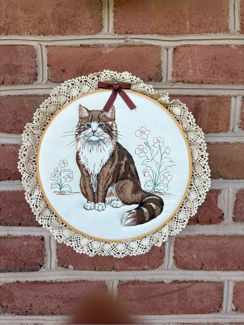 Hand-Embroidered quilted Brown Cat Hoop Wall Art with Lace Trim